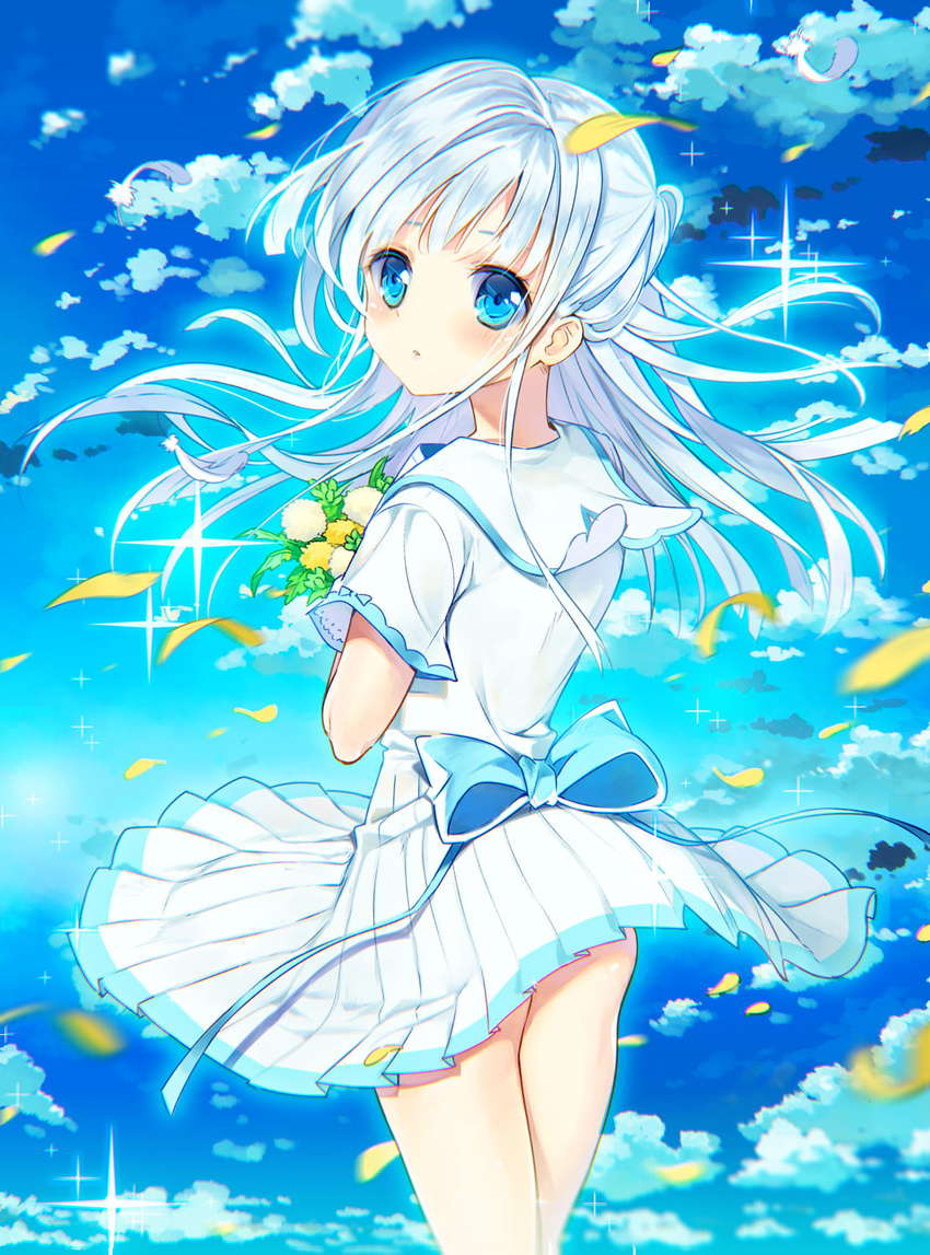 back_bow blue_bow blue_eyes blue_sky blush bow cloud cloudy_sky dandelion day dress flower from_behind highres large_bow leaf long_hair looking_at_viewer looking_back original petals pleated_dress rugo sailor_dress shiny shiny_hair short_sleeves sky solo sparkle standing white_feathers white_hair