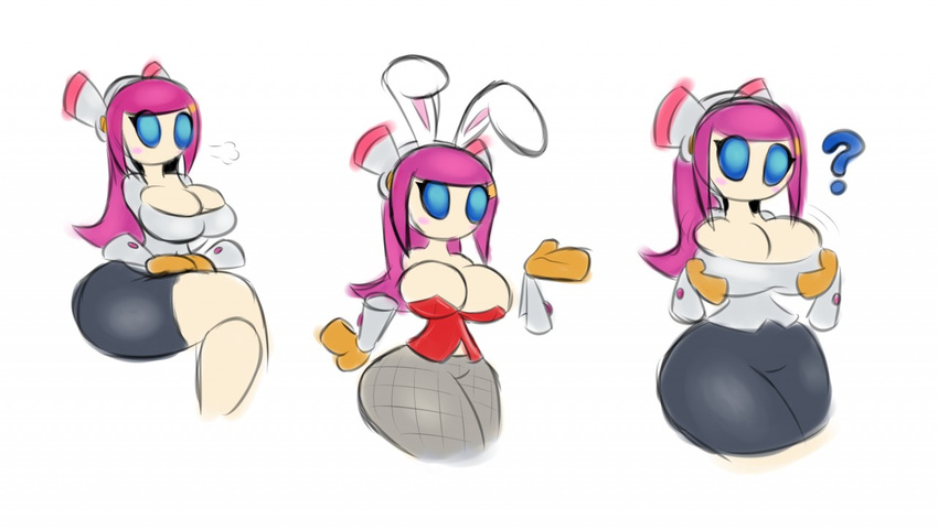 big_breasts blue_eyes breasts clothing crossed_legs fake_ears fake_rabbit_ears female fishnet fishnet_legwear floating_hands hellrice humanoid legwear machine multiple_images not_furry playboy_outfit robot simple_background skirt solo susie_(kirby) white_background