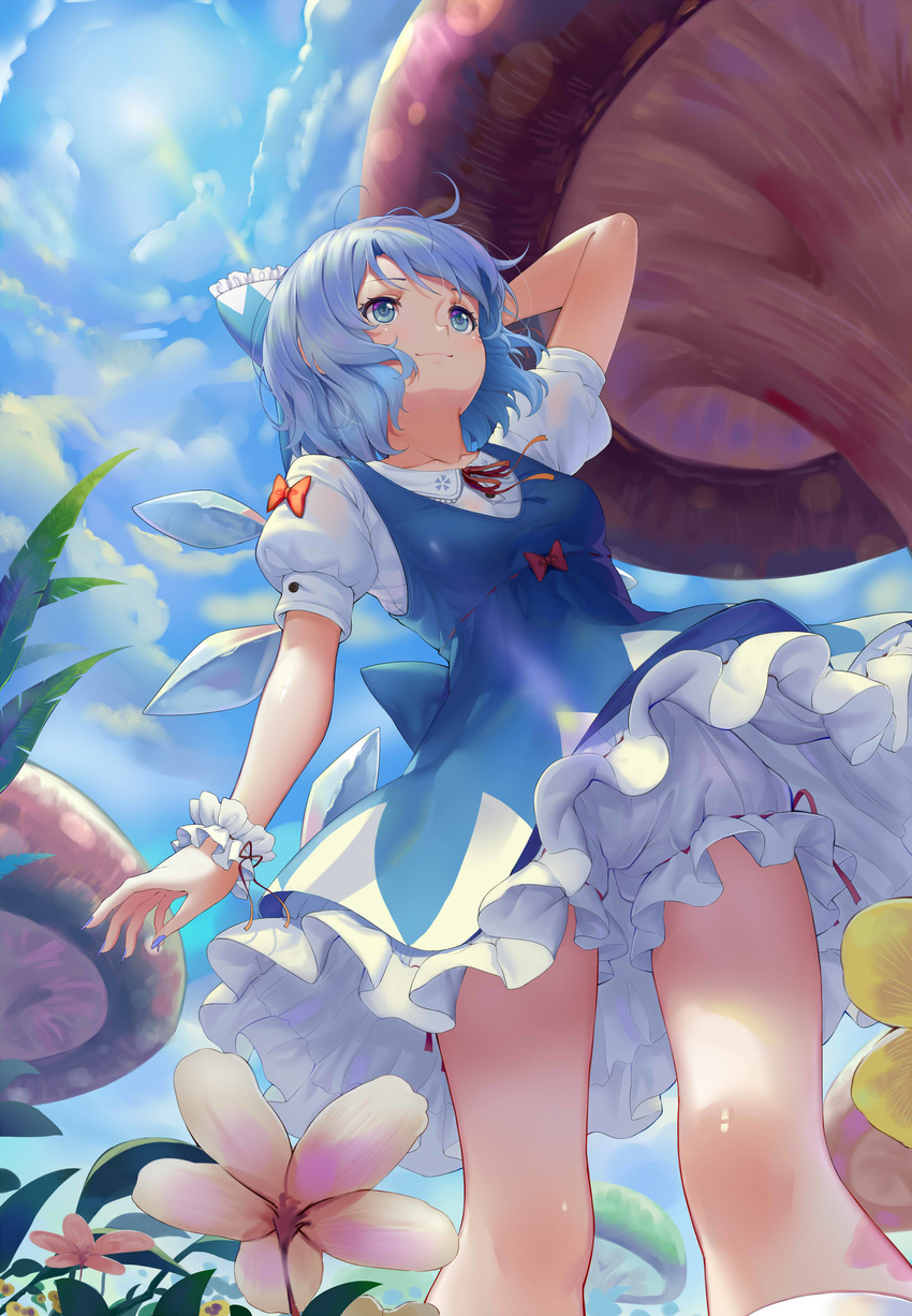 absurdres bloomers blue_bow blue_dress blue_eyes blue_hair blue_sky bow breasts cirno cloud cloudy_sky day dress flower hair_bow highres ice ice_wings md5_mismatch medium_breasts mushroom outdoors puffy_short_sleeves puffy_sleeves red_bow red_ribbon ribbon short_dress short_hair short_sleeves sky smile solo sonikey0_0 sun touhou underwear wings wrist_cuffs