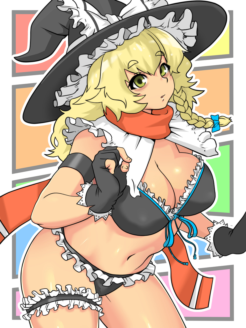 :o absurdres asha bags_under_eyes bikini blonde_hair blush braid breasts cookie_(touhou) curvy fingerless_gloves gloves hat highres hips kirisame_marisa large_breasts long_hair looking_at_viewer mars_(cookie) messy_hair navel scarf side_braid single_braid solo swimsuit tan thick_eyebrows thick_thighs thighs toned touhou wavy_hair witch_hat yellow_eyes