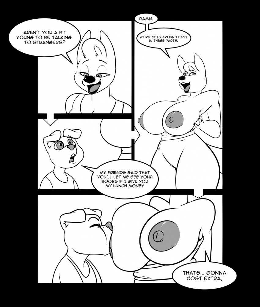 2017 age_difference anthro big_breasts breast_suck breasts canine clothed clothing comic dog duo english_text female hand_on_breast huge_breasts komponi larger_female male mammal mature_female nipples older_female size_difference smaller_male sucking text topless younger_male