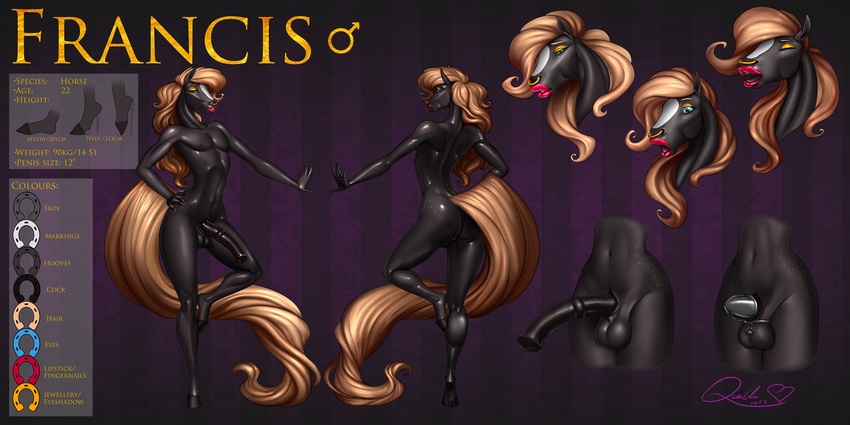 2017 animal_genitalia animal_penis anthro balls butt chastity chastity_cage digital_media_(artwork) equine equine_penis francis girly hair hi_res hooves horse lips makeup male mammal mane model_sheet nipples nude penis quillu simple_background smile solo