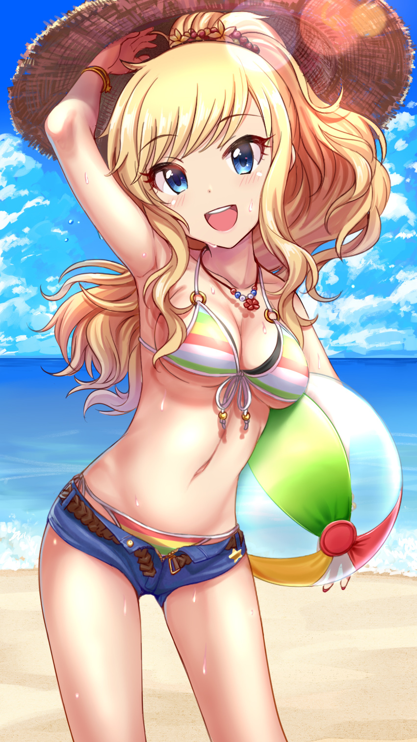 :d arm_up armpits ball bangs bare_arms bare_shoulders beach beachball belt bikini bikini_under_clothes blonde_hair blue_eyes blue_sky blush bracelet breasts cleavage cloud collarbone commentary_request contrapposto cowboy_shot day denim denim_shorts eyebrows_visible_through_hair fingernails flower front-tie_bikini front-tie_top green_eyes hair_flower hair_ornament hat head_tilt highres holding holding_ball horizon idolmaster idolmaster_cinderella_girls jewelry legs_apart lens_flare long_fingernails long_hair looking_at_viewer medium_breasts mintol_(qool+) multicolored multicolored_bikini multicolored_clothes navel necklace o-ring o-ring_bikini o-ring_top ootsuki_yui open_fly open_mouth outdoors ponytail removing_hat ribbon round_teeth short_shorts shorts side-tie_bikini sky smile solo standing star straw_hat striped striped_bikini sun_hat sunlight sweat swimsuit teeth thighs unbuckled_belt unbuttoned water white_ribbon