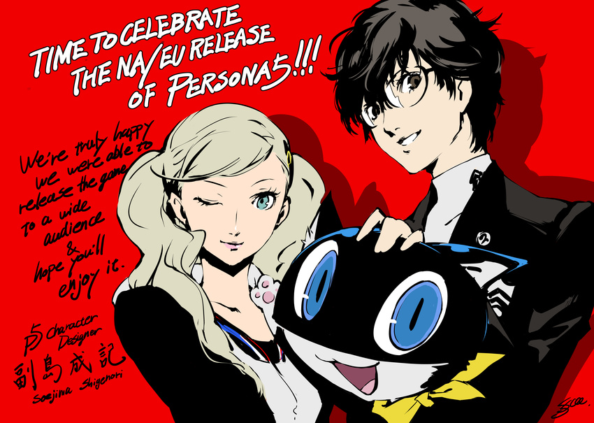1girl ;) absurdres amamiya_ren artist_name black_hair blonde_hair cat cat_paws domino_mask english glasses highres looking_at_viewer mask morgana_(persona_5) official_art one_eye_closed paws persona persona_5 red_background release_date scarf school_uniform shuujin_academy_uniform signature smile soejima_shigenori takamaki_anne twintails