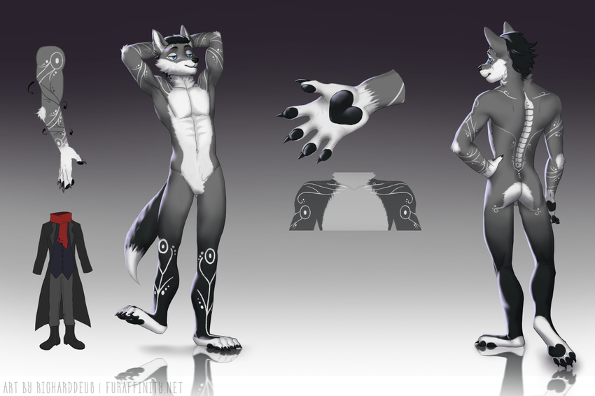 anthro canine fur gradient_background hair male mammal markings model_sheet nude paws richarddeus simple_background smile solo