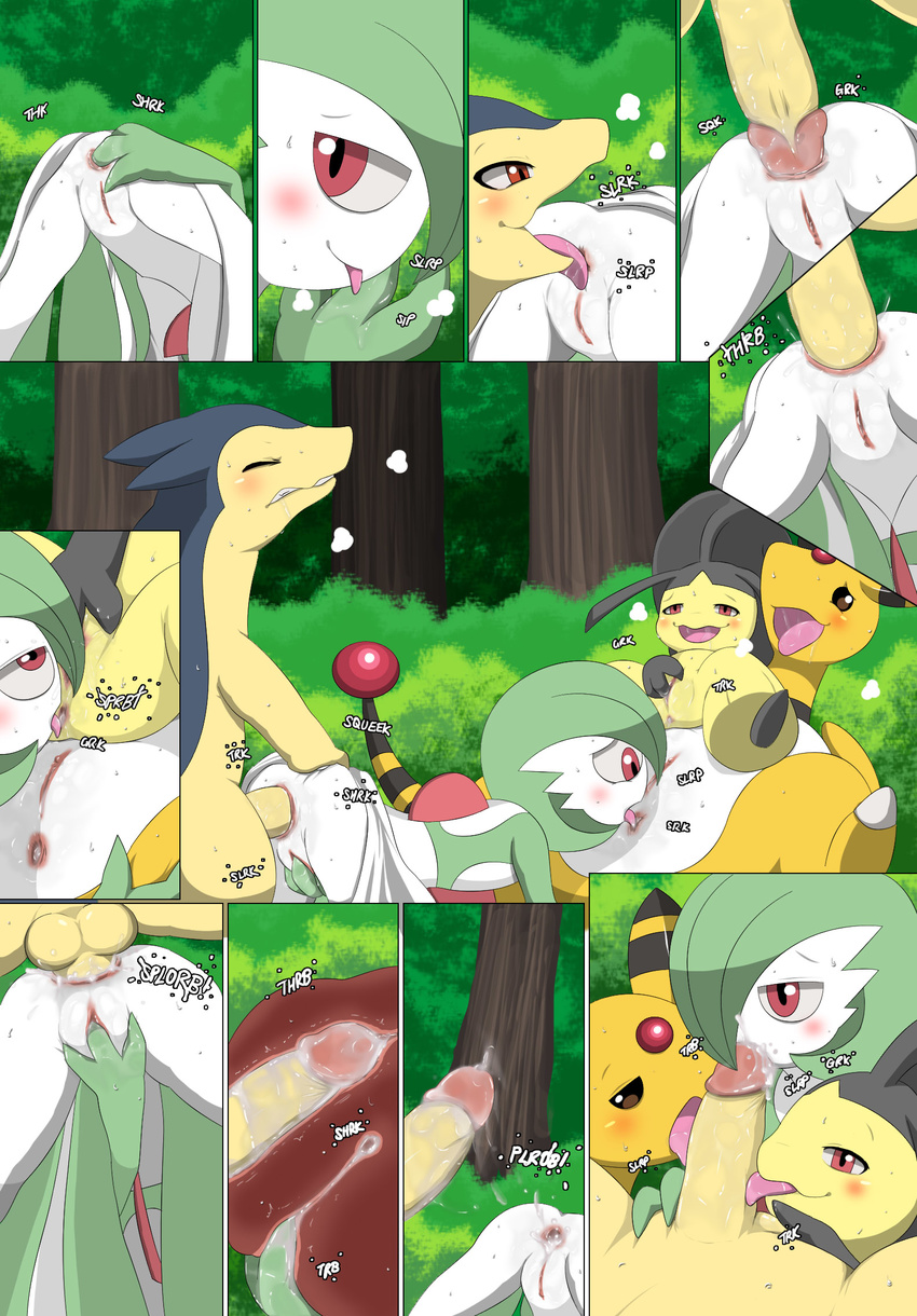 ampharos anal ass_to_mouth ball_fondling balls bisexual clearing collaborative_fellatio comic cum cum_in_ass cum_in_pussy cum_inside fellatio female female/female feral fingering fondling foursome gardevoir group group_sex licking male mawile nintendo oral pok&eacute;mon rimming sex tongue tongue_out tree typhlosion video_games winick-lim