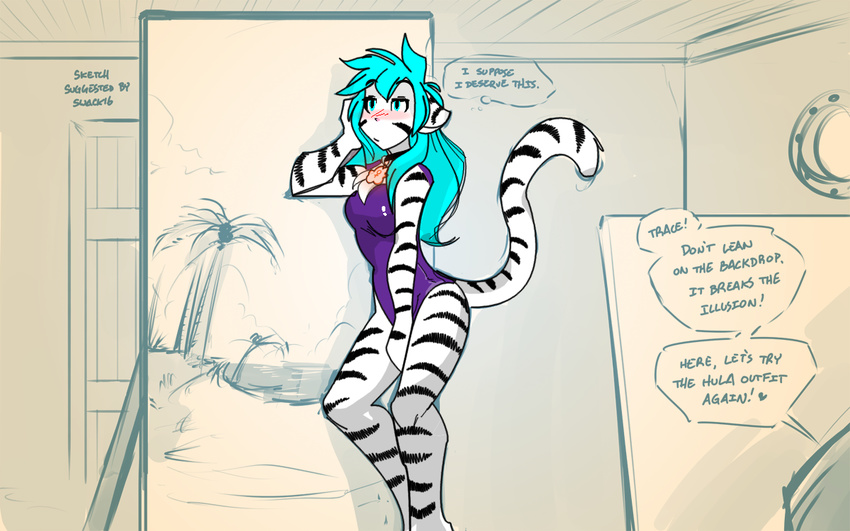 &lt;3 2017 anthro arched_back blue_eyes blue_hair breasts clothed clothing collar collar_of_keidranification collar_tag crossgender dialogue duo english_text feline female fur gender_transformation hair inside keidran mammal one-piece_swimsuit palm_tree pose sketch skimpy solo_focus striped_fur stripes swimsuit text thought_bubble tiger tiger_trace tom_fischbach trace_legacy transformation tree twokinds unamused webcomic withe_fur