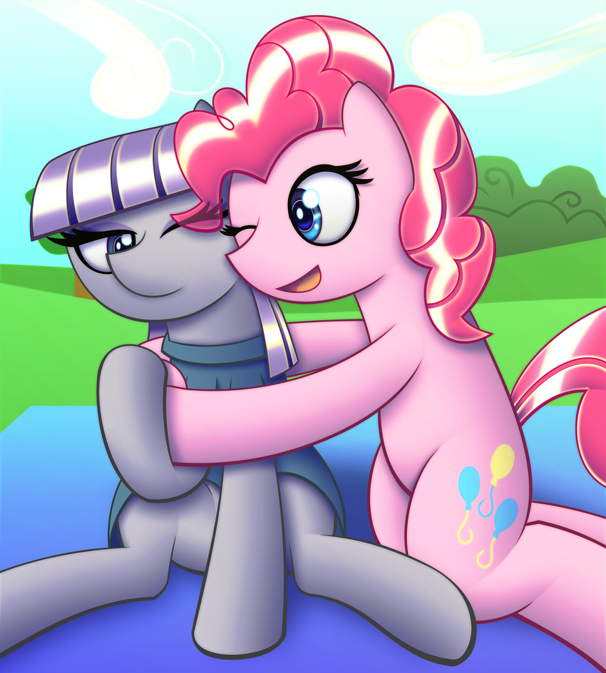 duo equine female friendship_is_magic horse hug mammal maud_pie_(mlp) my_little_pony pinkie_pie_(mlp) pony sibling sisters sitting smile t.f.a.n.c.s.