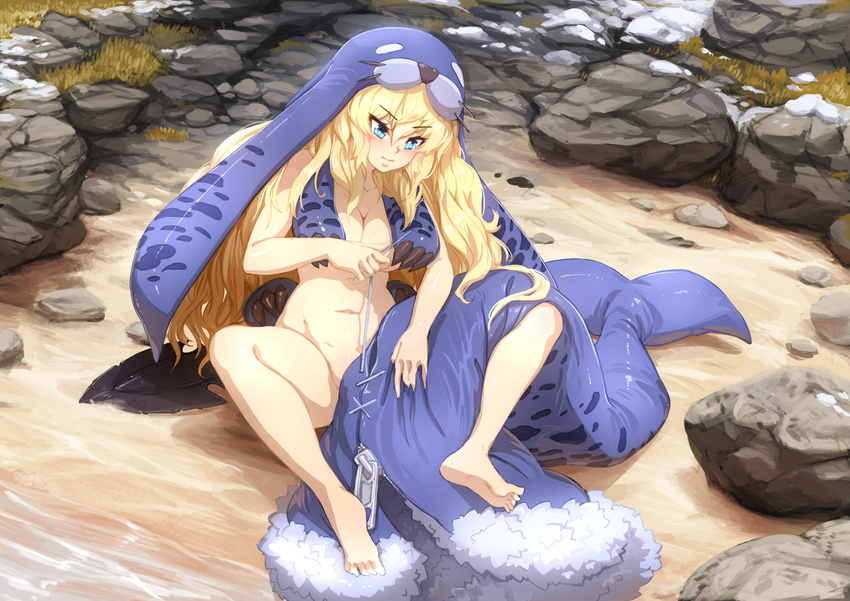 3: barbariank barefoot beach blonde_hair blue_eyes breasts cleavage commentary convenient_arm convenient_censoring holding_needle large_breasts long_hair monster_girl_encyclopedia navel needle non-web_source nude outdoors rock sand selkie_(monster_girl_encyclopedia) sewing sewing_needle solo stone string v-shaped_eyebrows very_long_hair zipper_pull_tab