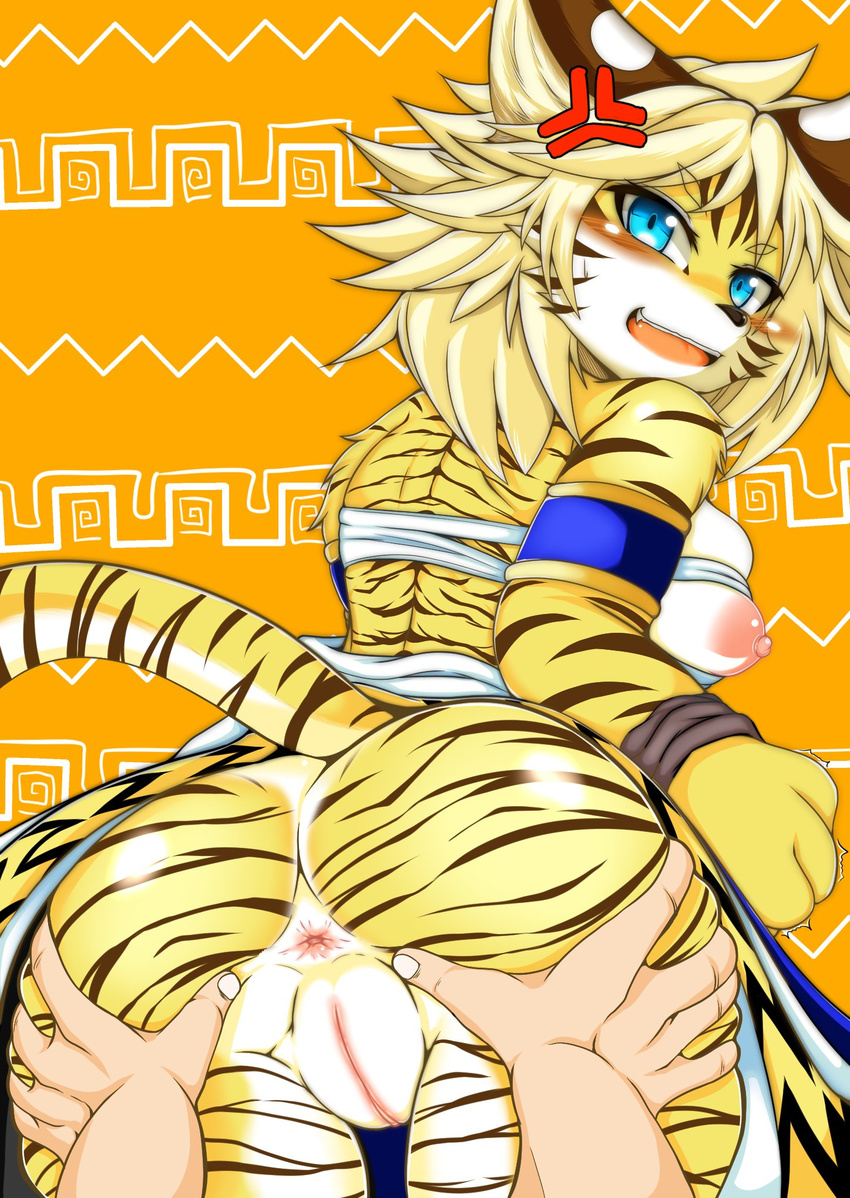 2017 abstract_background angry anthro anus areola armband blonde_hair blue_eyes blush breasts brown_stripes butt butt_grab cheek_tuft disembodied_hand duo feline female fist fur hair hand_on_butt hi_res kemono looking_at_viewer looking_back mammal megane_inu nipples open_mouth pussy rear_view solo_focus spread_butt spreading standing striped_fur stripes tiger tuft white_fur yellow_fur