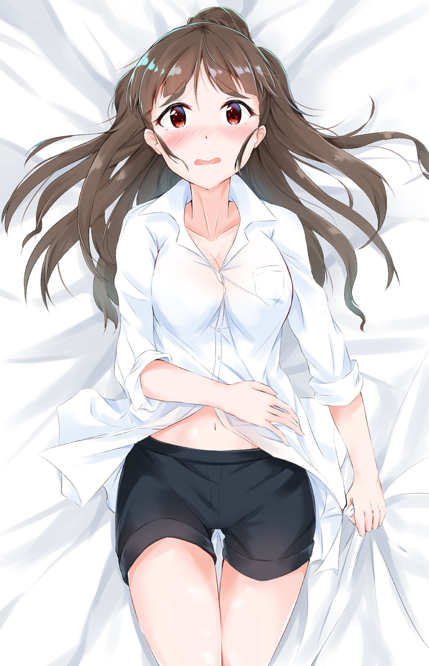 anemone_noa bangs bed_sheet black_hair black_shorts blush braid braided_bun breast_pocket breasts buttons cinderella_girls_gekijou cleavage collarbone collared_shirt commentary cowboy_shot dakimakura dress_shirt embarrassed etude_wa_ikkyoku_dake eyebrows eyebrows_visible_through_hair from_above hair_bun hair_spread_out half_updo hand_on_hip highres idolmaster idolmaster_cinderella_girls indoors kamiya_nao legs_together long_hair long_sleeves looking_at_viewer lying medium_breasts midriff navel nose_blush on_back on_bed open_mouth parted_bangs pocket raised_eyebrows red_eyes sheet_grab shirt short_shorts shorts sleeves_rolled_up solo straight_hair thigh_gap thighs wavy_mouth white_shirt wing_collar