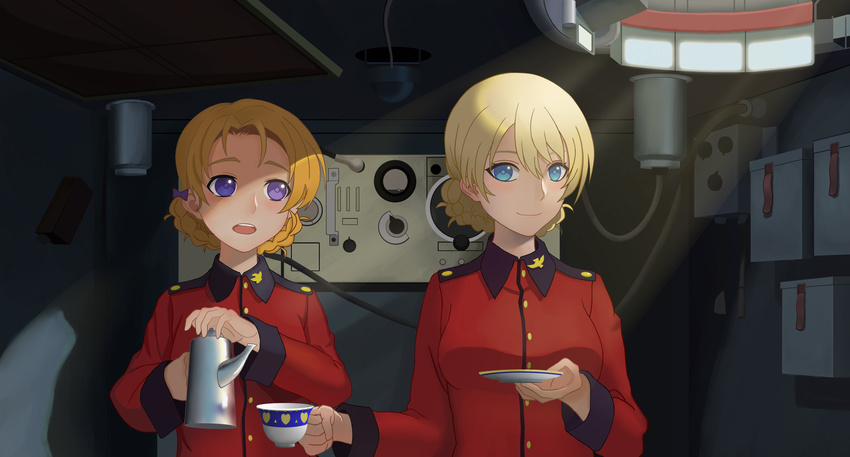 absurdres blonde_hair blue_eyes blush cup darjeeling girls_und_panzer hatch highres light_rays looking_at_breasts multiple_girls open_mouth orange_hair orange_pekoe saucer smile st._gloriana's_military_uniform tank_interior teacup teapot teeth zhao_shixuan