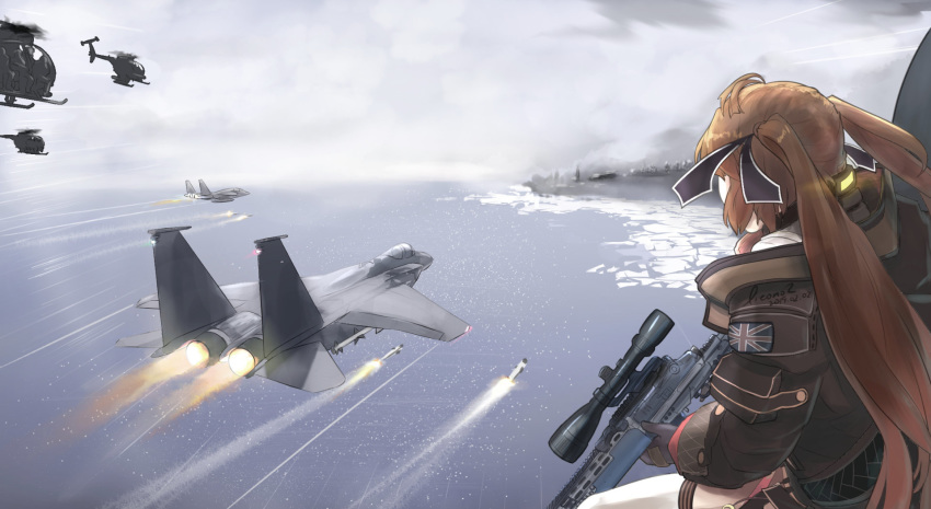 1girl aircraft artist_request attack battle_rifle brown_hair call_of_duty call_of_duty:_modern_warfare_2 f-15_eagle girls_frontline gun helicopter highres island m14 m14_(girls_frontline) missile mod3_(girls_frontline) ocean parody prison rifle scope twintails union_jack weapon