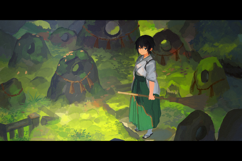 1girl black_hair broom frown grass hakama holding holding_broom japanese_clothes kitsune_(kazenouta) letterboxed looking_at_viewer looking_to_the_side miko nature original short_hair solo tasuki zouri