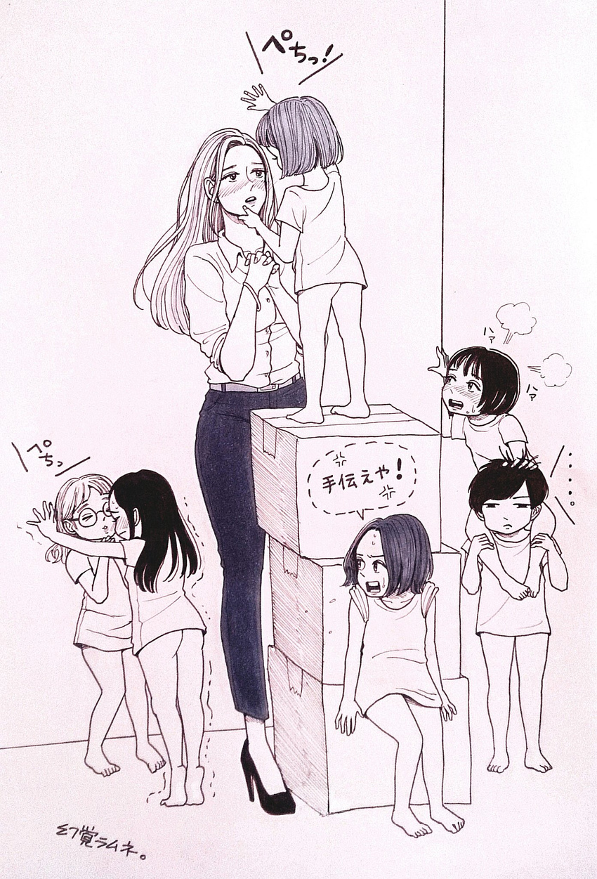 6+girls =3 age_difference barefoot blush bottomless box bracelet carrying child commentary_request genkakuramune glasses greyscale hand_on_another's_chin high_heels highres jewelry long_hair monochrome multiple_girls on_box original short_hair shoulder_carry standing_on_object sweatdrop traditional_media translation_request trembling wall_slam yuri