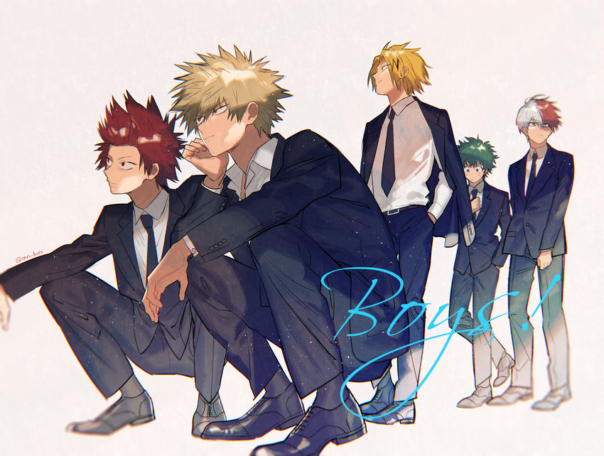 absurdres alternate_costume bakugou_katsuki black_neckwear black_pants blazer boku_no_hero_academia collared_shirt en_(21534962) full_body highres jacket kaminari_denki kirishima_eijirou midoriya_izuku multiple_boys necktie pants shirt shoes simple_background todoroki_shouto tuxedo white_background