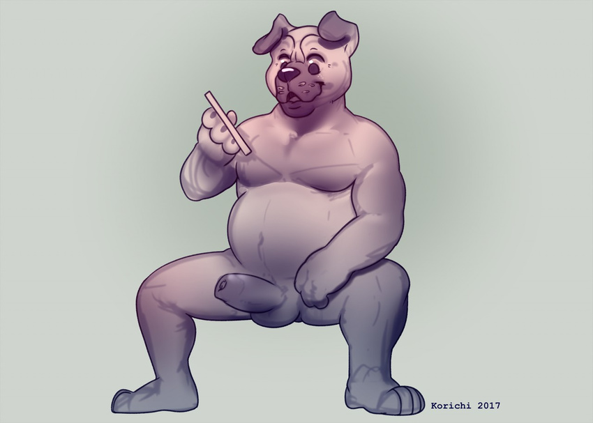 anthro balls belly big_belly blue_theme canine erection father korichi male mammal nude parent penis sketch smile solo uncut