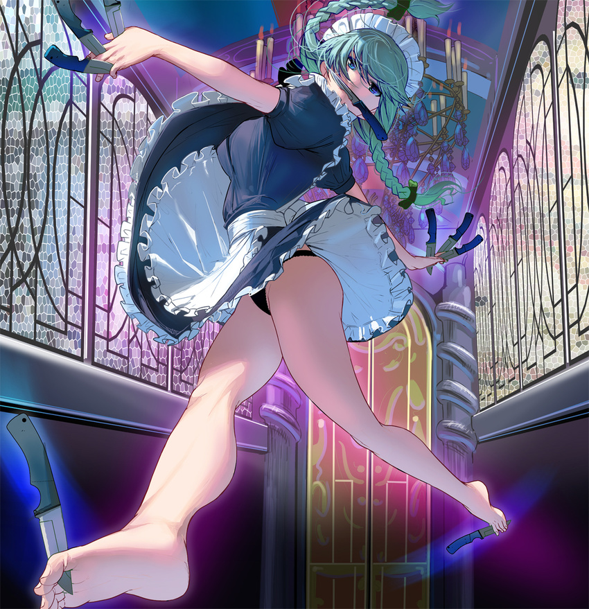 apron bangs barefoot between_fingers between_toes black_dress black_panties blue_eyes bow braid candle chandelier dress feet foot_hold frilled_dress frills full_body green_bow hair_bow highres holding holding_knife indoors izayoi_sakuya jumping knife knives_between_fingers looking_at_viewer maid maid_headdress masao outstretched_arms panties pantyshot plantar_flexion quadruple_wielding revision silver_hair soles solo spread_arms stained_glass touhou twin_braids underwear waist_apron wind wind_lift