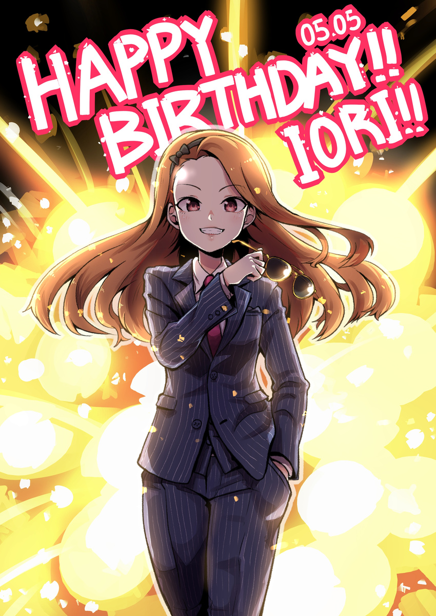 :d absurdres black_background black_bow black_hairband blue_pants blue_suit bow breasts brown_hair buttons character_name collared_shirt cowboy_shot dated dia_(yvirus68) english explosion eyewear_removed formal hairband hand_in_pocket happy_birthday highres holding holding_eyewear idolmaster idolmaster_(classic) long_hair long_sleeves looking_at_viewer minase_iori necktie open_mouth pants pink_eyes pink_neckwear pinstripe_pattern pinstripe_suit pocket shirt small_breasts smile solo standing striped striped_pants striped_suit suit sunglasses teeth vertical-striped_pants vertical_stripes white_shirt wing_collar