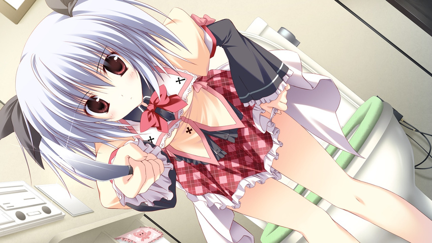 black_bow blush bow closed_mouth dutch_angle expressionless gaku_ou game_cg hair_bow juliet_sleeves knife korie_riko leaning_forward long_sleeves looking_at_viewer mayuzumi_hinayu miniskirt panties panty_pull plaid plaid_skirt pointing_weapon puffy_sleeves red_bow red_eyes red_skirt school_uniform skirt solo standing toilet toilet_paper twintails underwear white_hair white_panties