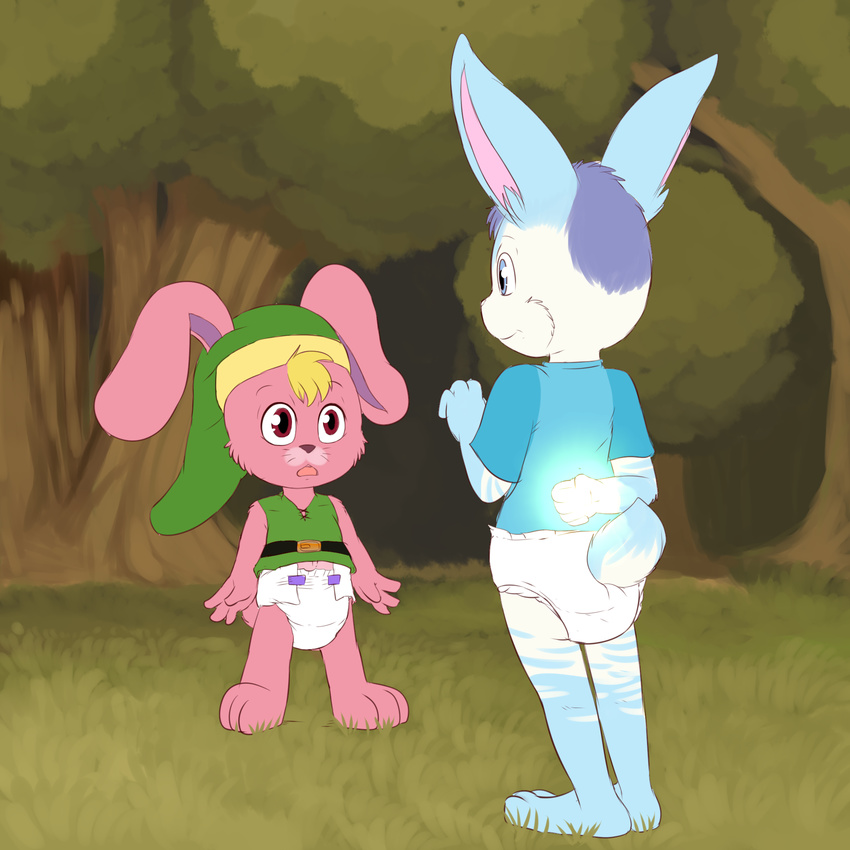 anthro blonde_hair blue_eyes clothing cub diaper eye_contact fur grass hair hat kay lagomorph launny link_(rabbit_form) magic male mammal nintendo open_mouth outside pink_fur rabbit red_eyes shirt standing the_legend_of_zelda transformation tree video_games whiskers young