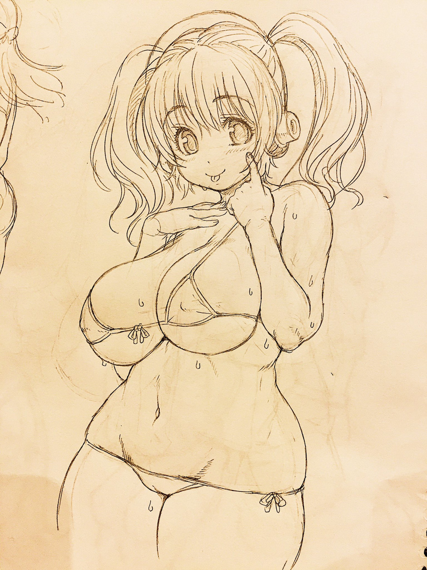 :p bikini breasts cleavage cowboy_shot eyebrows_visible_through_hair front-tie_bikini front-tie_top headphones highres huge_breasts looking_at_viewer navel nitroplus plump short_twintails side-tie_bikini sketch smile solo super_pochaco sweat swimsuit tongue tongue_out traditional_media tsuji_santa twintails