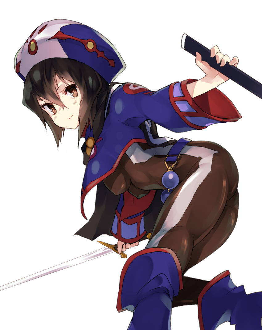 ass belt black_bodysuit black_hair blue_footwear blue_jacket bodysuit brown_eyes chloe_valens closed_mouth cropped_jacket hat highres holding holding_sword holding_weapon impossible_bodysuit impossible_clothes jacket looking_at_viewer nuqura shoes short_hair simple_background smile solo sword tales_of_(series) tales_of_legendia weapon white_background