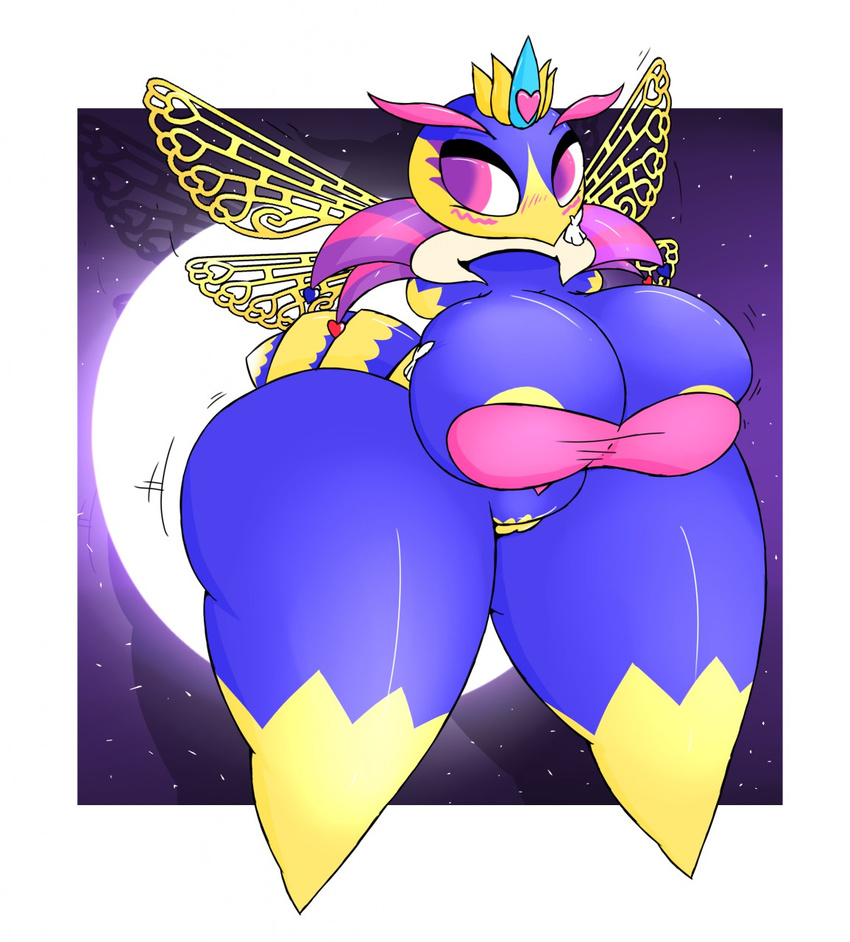&lt;3 areola_slip arthropod bee big_breasts big_butt blue_body blush border breasts butt female floating_head huge_breasts huge_butt huztar insect insect_wings kirby_(series) moon nintendo purple_eyes pussy queen_sectonia solo starscape video_games white_border wings yellow_body