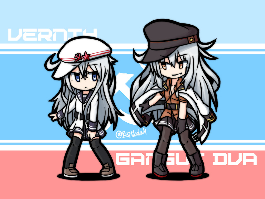 blue_eyes character_name flat_cap gangut_(kantai_collection) gloves hammer_and_sickle hat hibiki_(kantai_collection) jacket kantai_collection long_hair miniskirt multiple_girls pantyhose peaked_cap raythalosm remodel_(kantai_collection) school_uniform serafuku skirt smile twitter_username verniy_(kantai_collection) white_hair