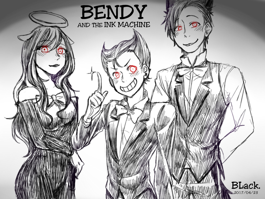 1girl 2boys alice_(bendy_and_the_ink_machine) animal_ears bendy bendy_and_the_ink_machine black_hair boris_(bendy_and_the_ink_machine) bowtie detached_sleeves dress gloves grin horns lipstick multiple_boys personification red_eyes suit