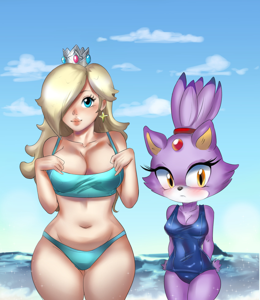 2017 anthro big_breasts bikini blaze_the_cat blonde_hair blue_eyes blush breasts cat cleavage clothed clothing cloud crossover duo eyelashes feline female hair hair_over_eye hi_res human long_hair looking_at_viewer mammal mario_bros mrscurlystyles navel nintendo one-piece_swimsuit outside rosalina_(mario) smile sonic_(series) super_mario_galaxy swimsuit video_games yellow_eyes