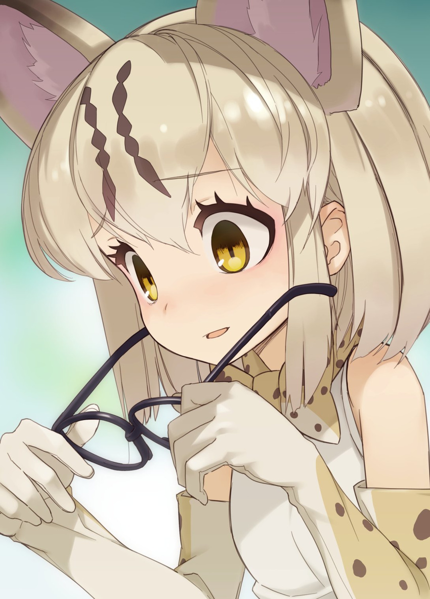 animal_ears bare_shoulders black-framed_eyewear blonde_hair blush cat_ears commentary_request elbow_gloves empty_eyes extra_ears glasses gloves highres kemono_friends margay_(kemono_friends) open_mouth removing_eyewear short_hair sleeveless solo upper_body yamadori_enka yellow_eyes