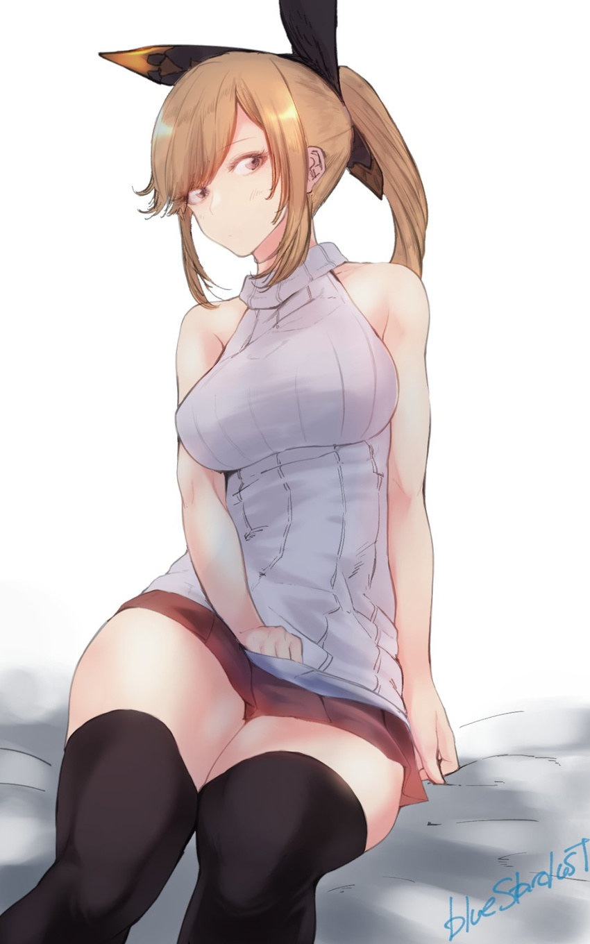 bare_shoulders brown_eyes brown_hair clarisse_(granblue_fantasy) granblue_fantasy hair_ribbon highres kojima_(blue_stardust) ponytail ribbed_sweater ribbon skirt sleeveless solo sweater thighhighs zettai_ryouiki