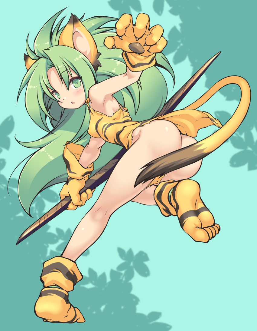 :o animal_ears animal_print ass blush boomerang cat_ears cat_tail cham_cham convenient_censoring gloves green_eyes green_hair highres long_hair looking_at_viewer ohgaki_m paw_gloves paws samurai_spirits snk solo tail tiger_print