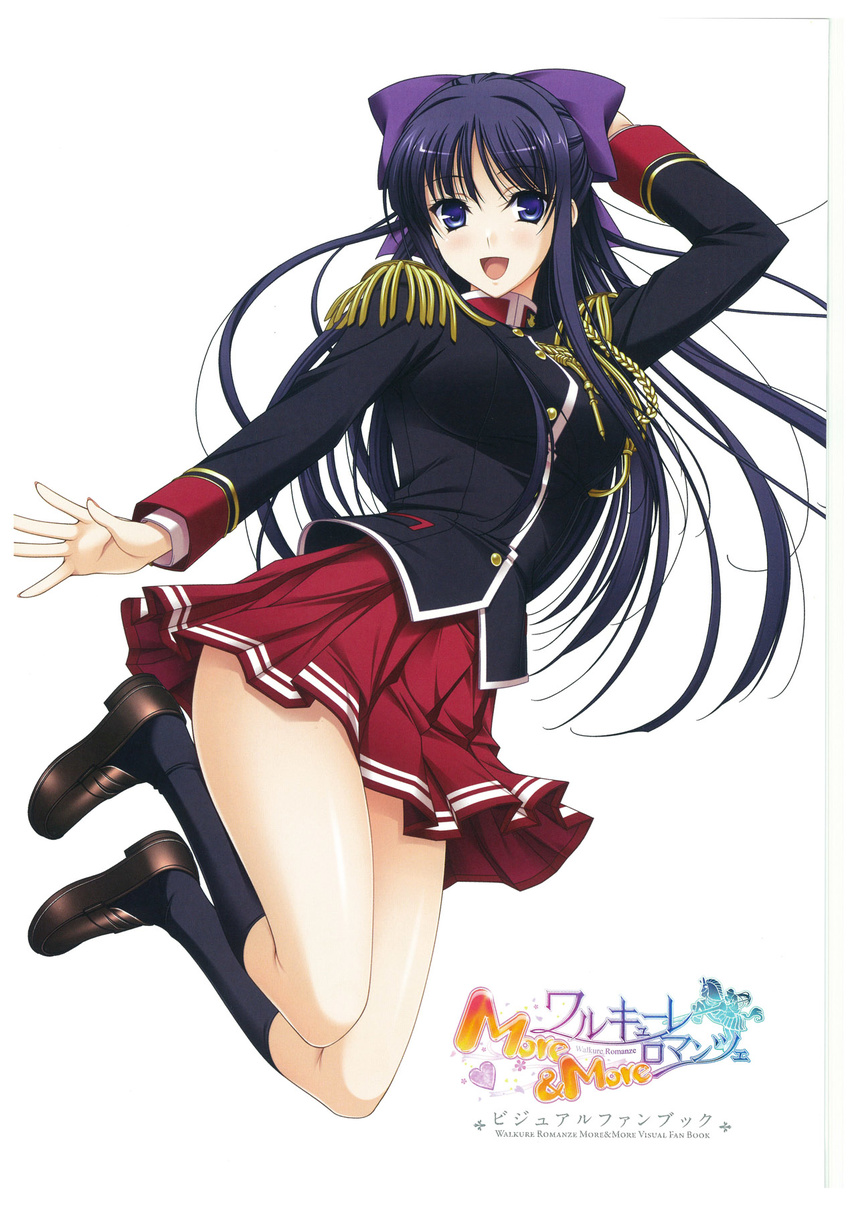 bangs black_legwear blue_eyes epaulettes eyebrows_visible_through_hair hair_ribbon highres komori_kei logo long_hair looking_at_viewer non-web_source official_art open_mouth pleated_skirt purple_ribbon red_skirt ribbon ryuuzouji_akane scan shoes simple_background skirt smile solo uniform walkure_romanze white_background