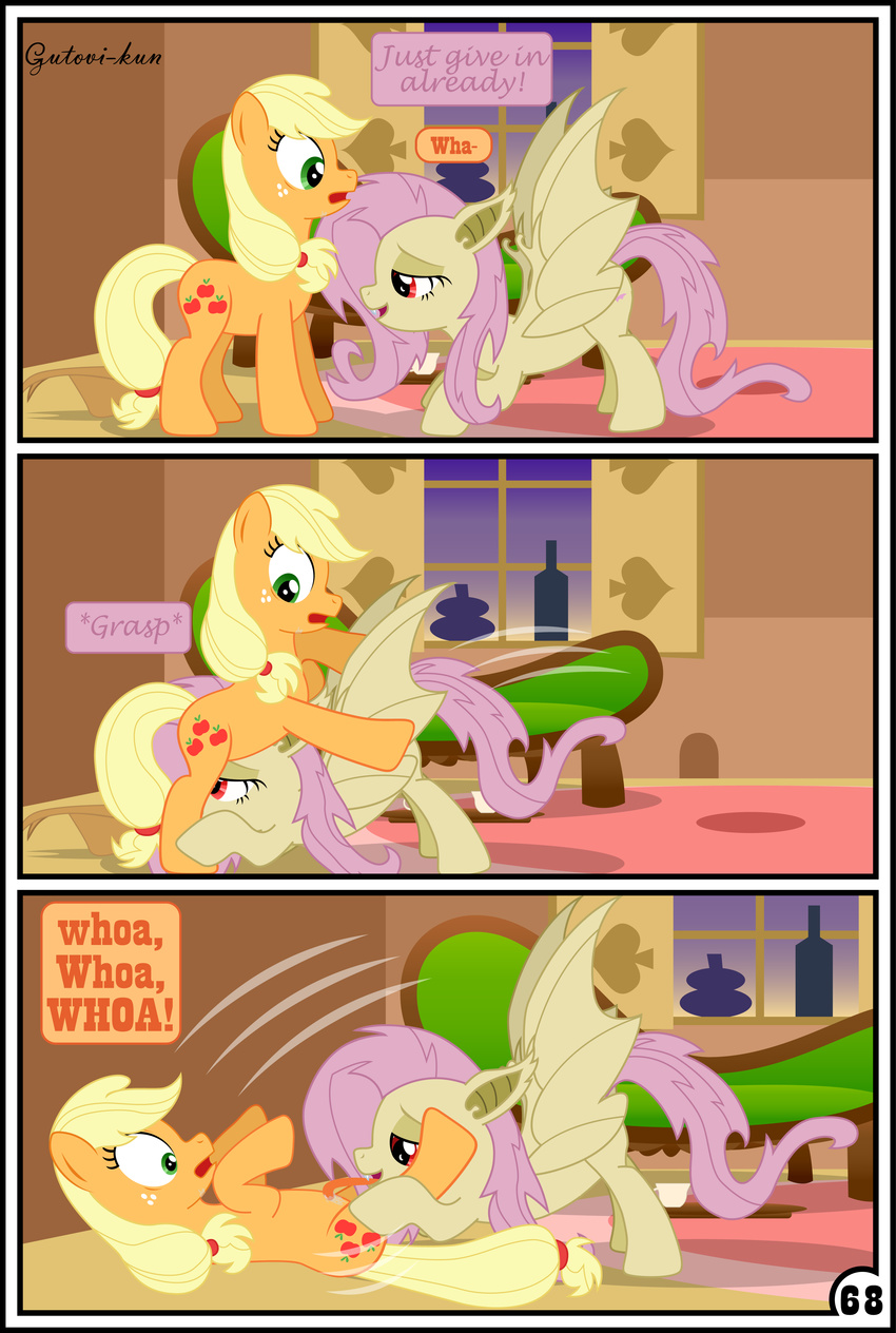 applejack_(mlp) bat_pony blonde_hair comic earth_pony equine fangs female feral flutterbat_(mlp) fluttershy_(mlp) friendship_is_magic green_eyes gutovi-kun hair horse licking mammal my_little_pony pegasus pink_hair pony red_eyes tongue tongue_out wings