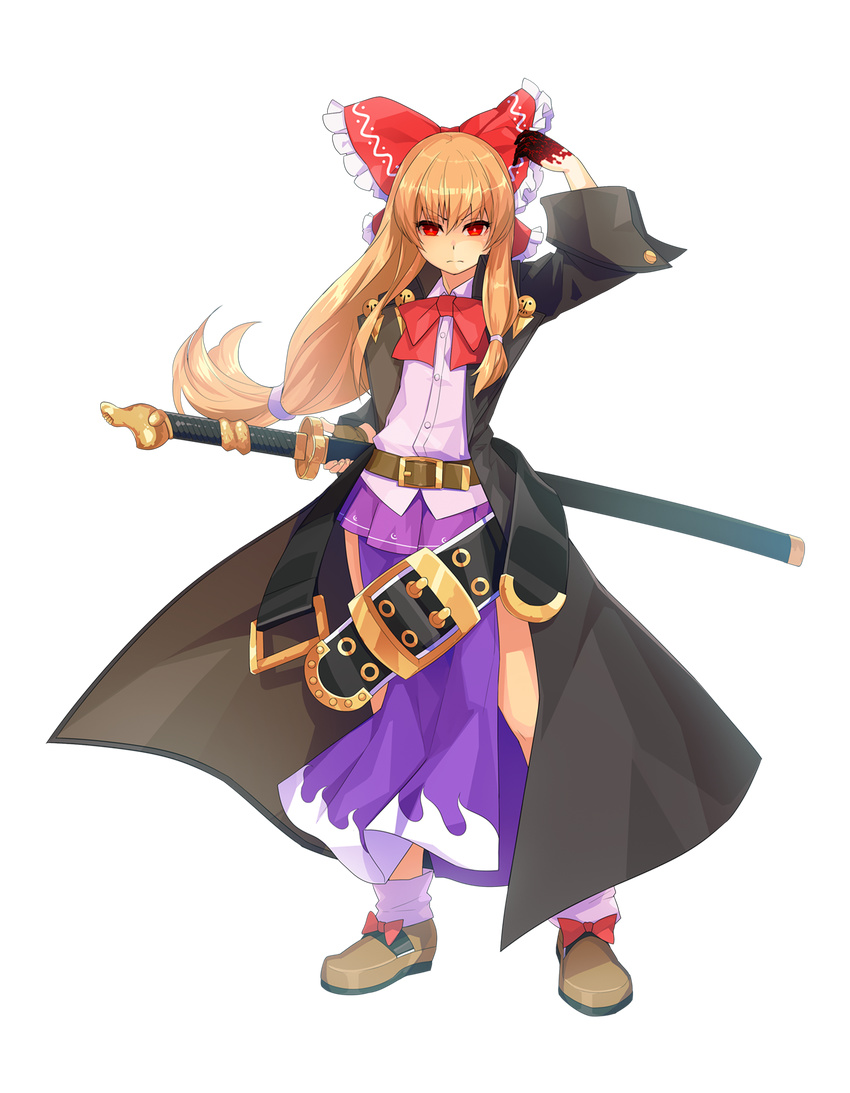 arm_up bangs belt black_coat bow bowtie brown_footwear brown_hair buttons closed_mouth coat collared_shirt commentary_request cookie_(touhou) cosplay eyebrows_visible_through_hair full_body guilty_gear guilty_gear_xrd hair_between_eyes hair_bow highres holding holding_sword holding_weapon ibuki_suika johnny_sfondi johnny_sfondi_(cosplay) long_hair long_sleeves looking_at_viewer open_clothes open_coat pelvic_curtain pleated_skirt purple_skirt red_bow red_eyes red_neckwear scabbard sheath sheathed shirt shoe_bow shoes sidelocks skirt solo standing sword tarmo touhou transparent_background weapon white_shirt