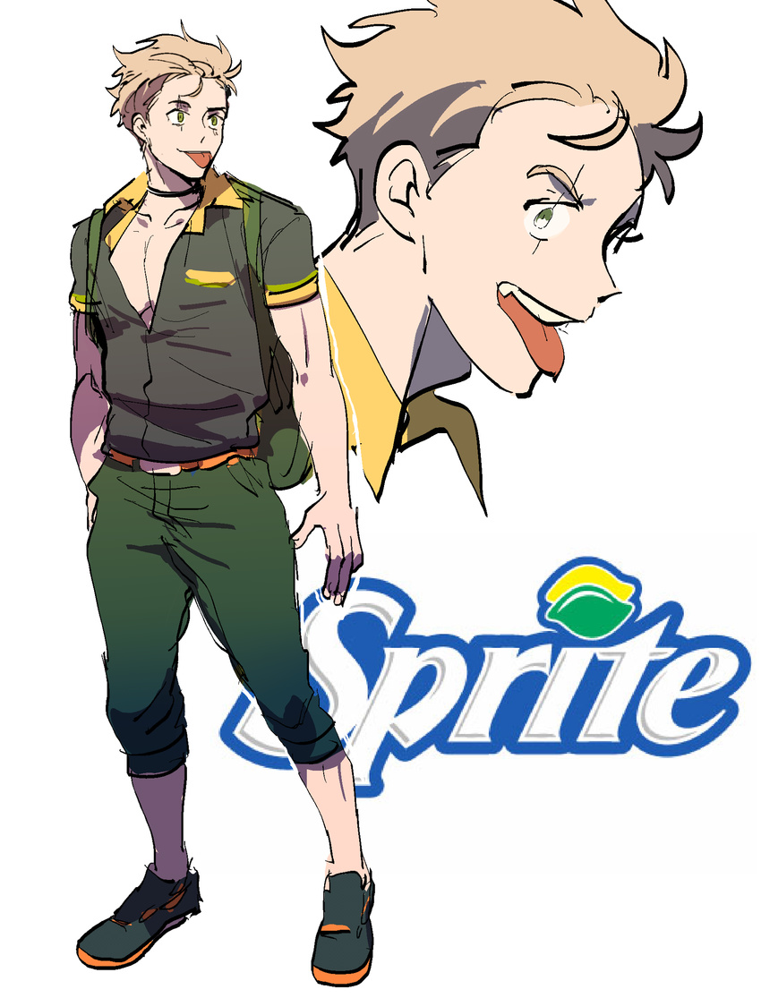 backpack bag full_body green_eyes hand_on_hip highres kendy_(revolocities) logo male_focus open_collar original pectorals personification product_boy simple_background solo sprite_(drink) standing tongue tongue_out white_background