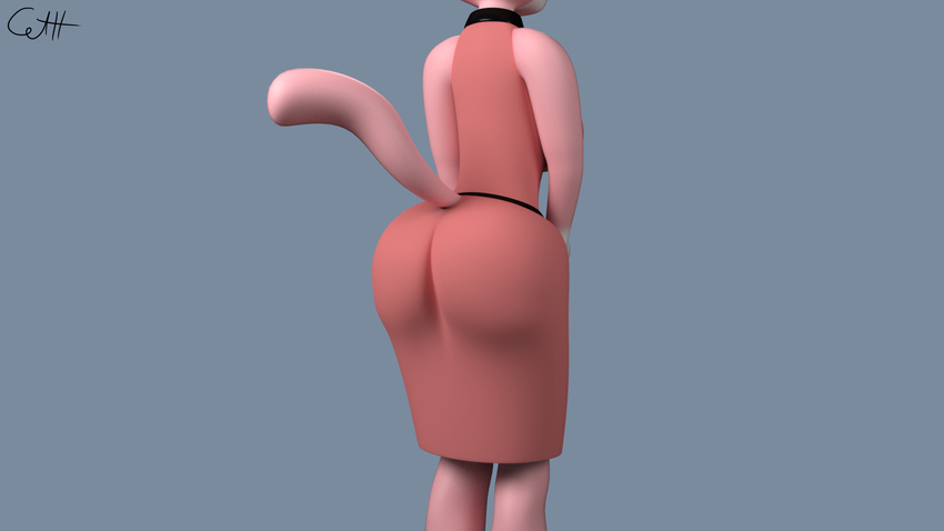 2017 3d_(artwork) anthro butt cat clothed clothing digital_media_(artwork) feline female fur mammal pink_fur shima_luan simple_background skunkdude13 solo super_planet_dolan