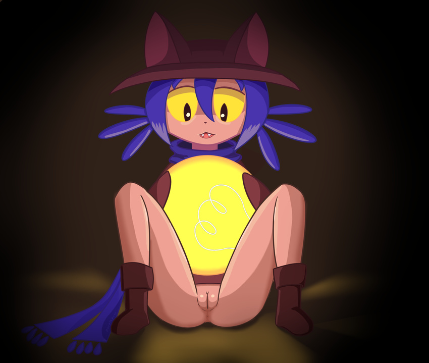 2017 animal_humanoid anthro blue_hair butt cat_humanoid clothed clothing cute_fangs feline female hair hat hi_res human humanoid lightbulb mammal niko_(oneshot) oneshot pussy scarf simple_background solo young