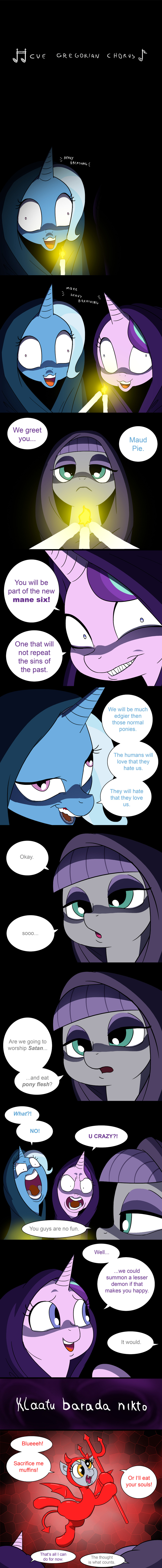 2017 absurd_res blue_body blue_horn clothed clothing comic costume derpy_hooves_(mlp) dialogue doublewbrothers earth_pony english_text equine eyelashes eyeshadow female feral friendship_is_magic green_eyes grey_body grin group hair hi_res horn horse insane makeup mammal maud_pie_(mlp) multicolored_hair my_little_pony pegasus pink_body pink_horn pony purple_eyes purple_hair smile starlight_glimmer_(mlp) text trixie_(mlp) two_tone_hair unicorn wings