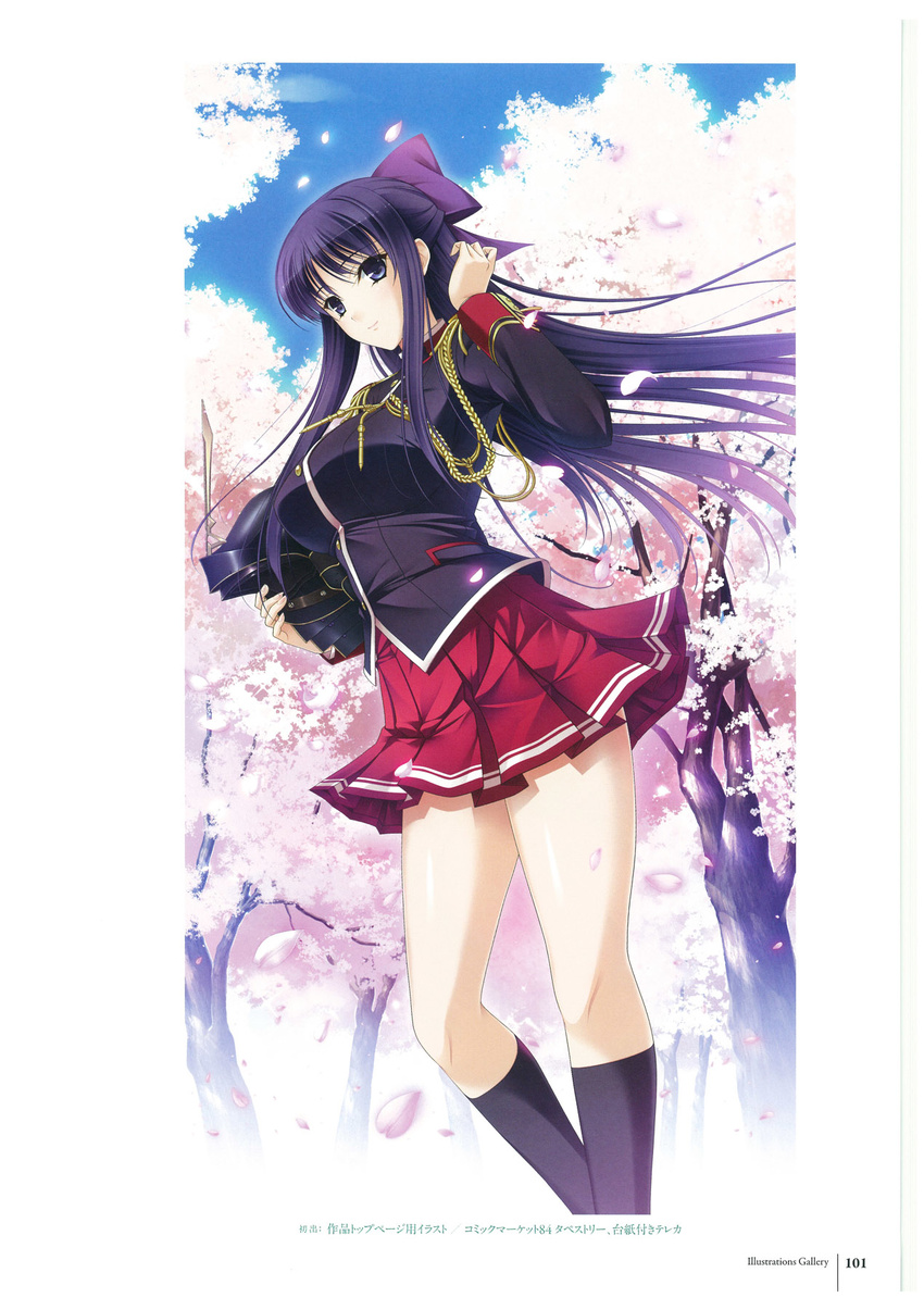 bangs black_legwear blue_eyes cherry_blossoms epaulettes eyebrows_visible_through_hair hair_ribbon helmet highres holding komori_kei long_hair looking_at_viewer non-web_source official_art outdoors petals pleated_skirt purple_ribbon red_skirt ribbon ryuuzouji_akane scan skirt smile solo uniform walkure_romanze