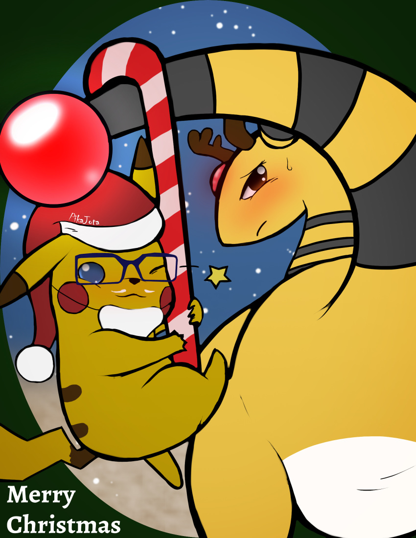 ampharos back_markings black_nose blue_eyes brown_eyes candy candy_cane christmas dipstick_ears eyelashes female food holiday_message holidays looking_at_viewer male markings merry_christmas nintendo one_eye_closed pikachu pikajota pok&eacute;mon pok&eacute;mon_(species) red_cheeks snow video_games wink yellow_body