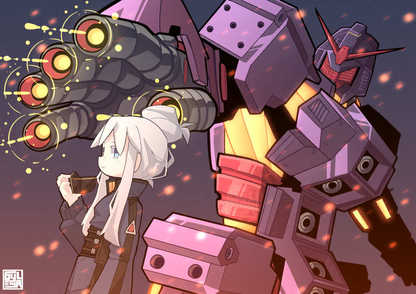 1girl absurdres aiming beam_cannon blue_eyes chest_cannon commentary_request deux_murasame energy energy_gun finger_cannon glowing gundam gundam_gquuuuuux gylmyr highres machinery mecha mecha_pilot_suit mobile_armor psycho_gundam_(gquuuuuux) red_visor removing_mask robot science_fiction signature v-fin weapon white_hair