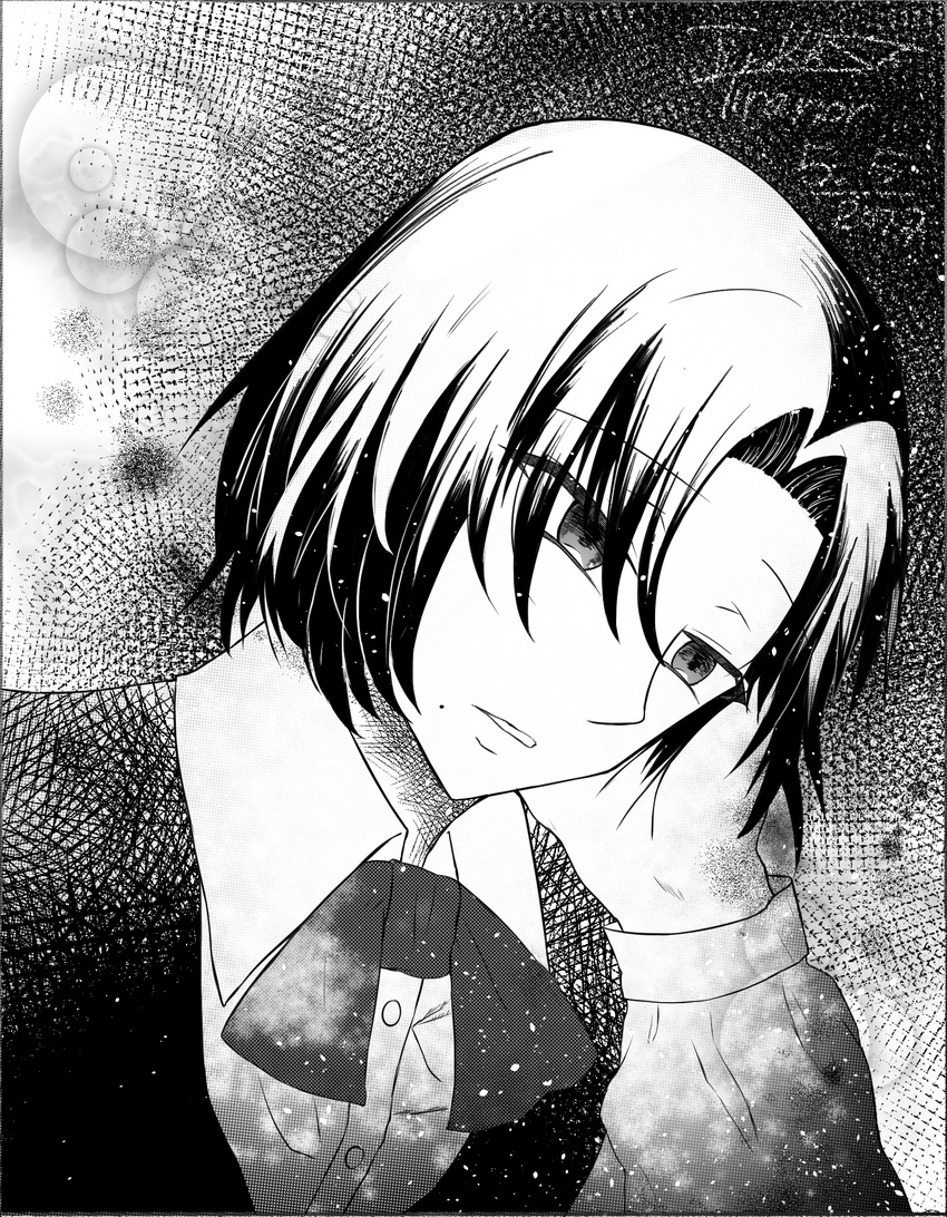 crosshatching greyscale highres louis_de_sade male_focus md5_mismatch monochrome pandora_hearts screentones solo tinka_tiranor upper_body wing_collar