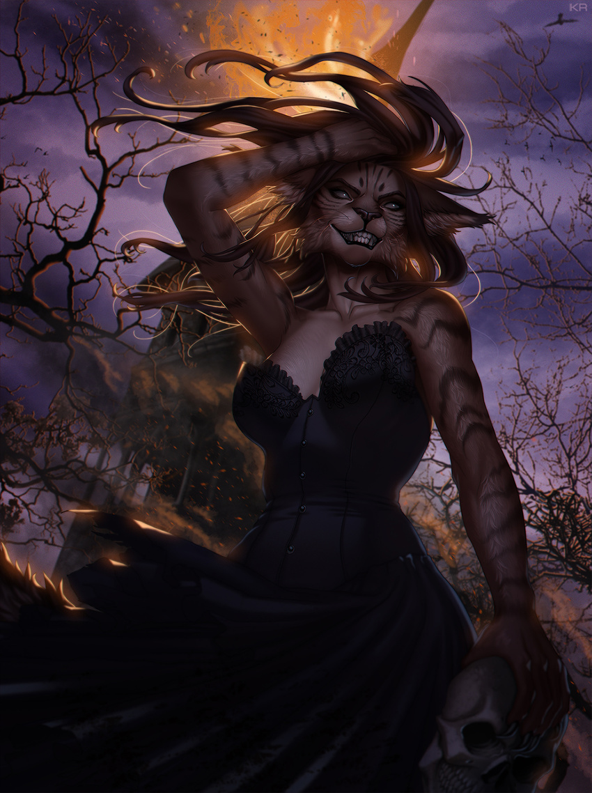 anthro building clothed clothing creepy feline female fur hair house invalid_tag looking_at_viewer mammal mikinyaro outside skull smile solo