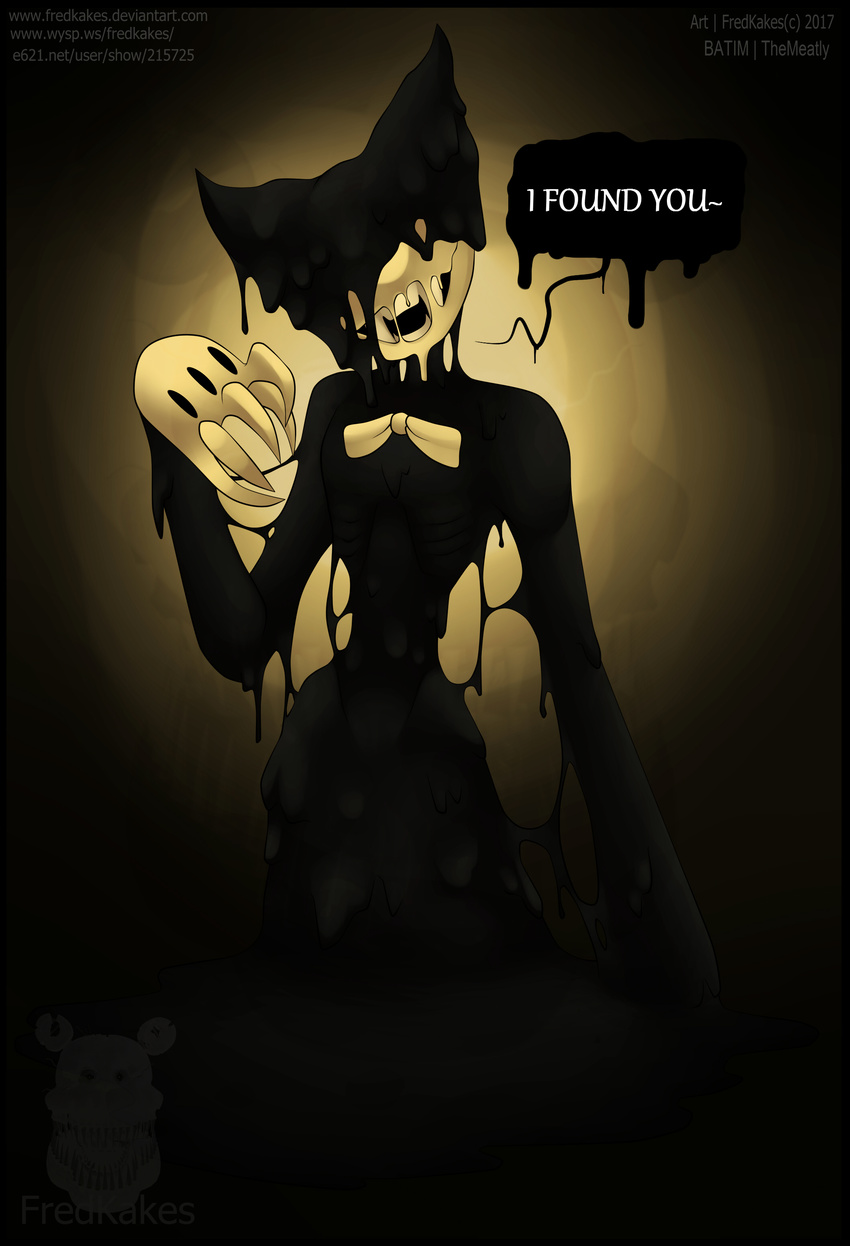 2017 bendy bendy_and_the_ink_machine black_body black_fur bow_tie clothing demon demon_bendy digital_media_(artwork) english_text fredkakes fur gloves hi_res humanoid ink looking_at_viewer male monster nightmare_fuel open_mouth signature simple_background smile solo speech_bubble text video_games watermark