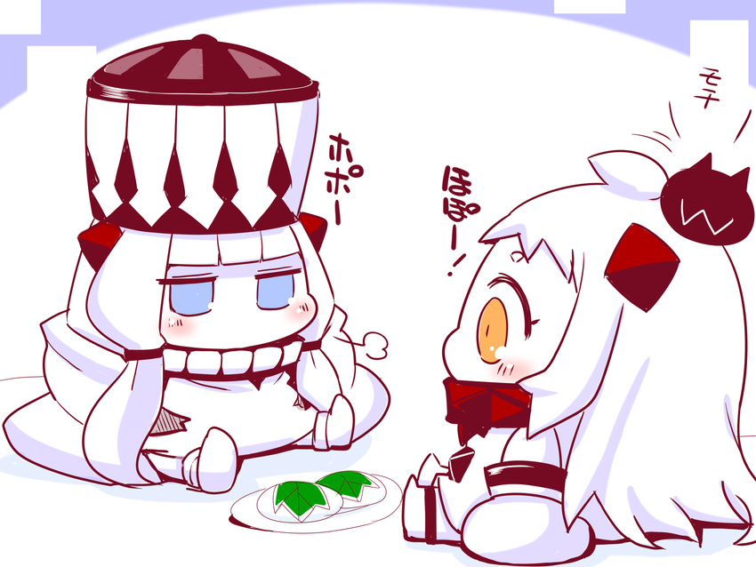 blue_eyes chibi collar comic commentary_request dress enemy_aircraft_(kantai_collection) food hat highres horns kantai_collection long_hair mittens multiple_girls northern_ocean_hime northern_water_hime orange_eyes plate sako_(bosscoffee) sakura_mochi shinkaisei-kan sidelocks sitting sitting_on_head sitting_on_person sleeveless sleeveless_dress translation_request wagashi white_background white_hair