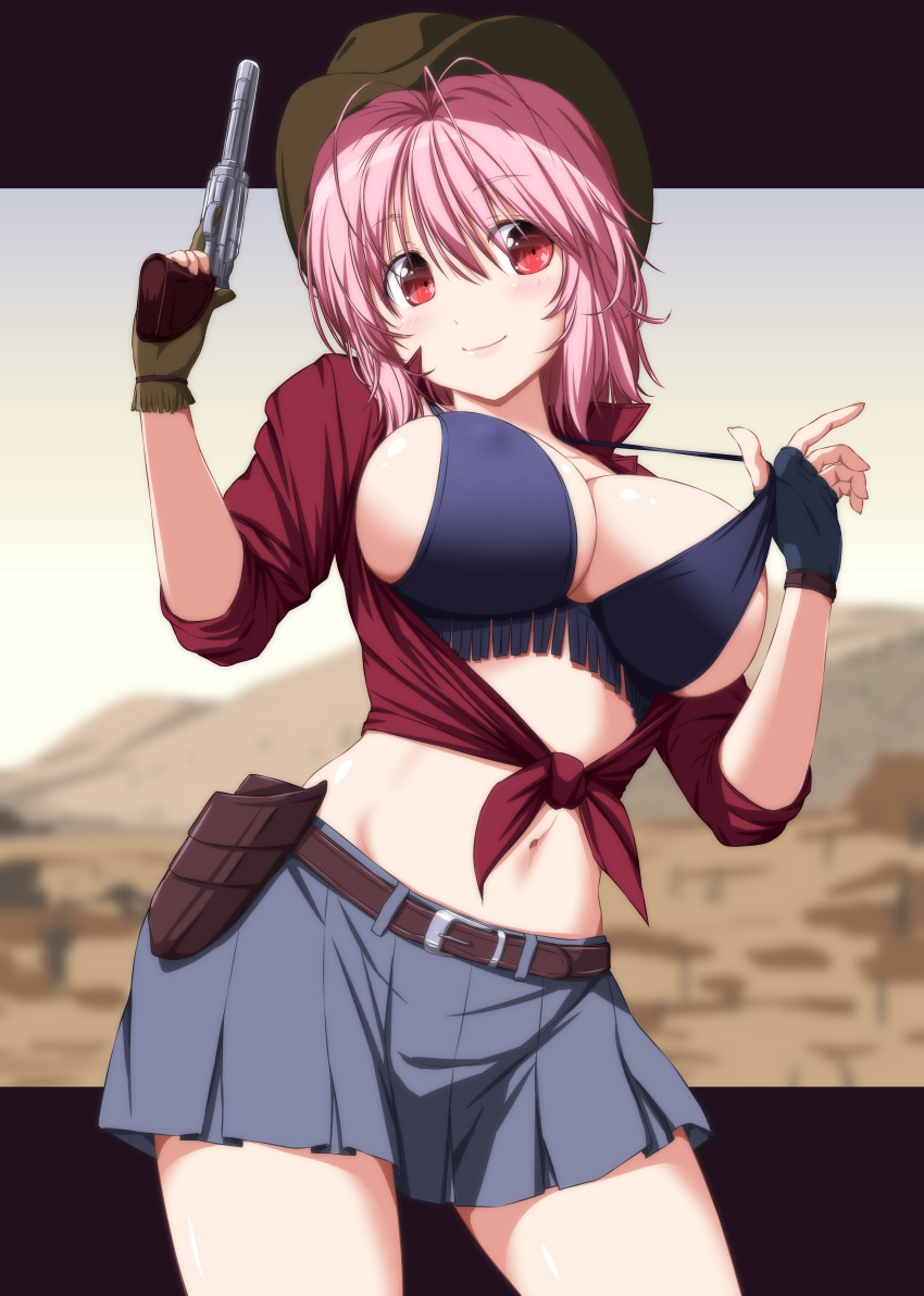 1girl absurdres alternate_costume bangs belt black_bra black_gloves bra breasts brown_belt brown_gloves cleavage commentary_request cowboy_hat crop_top eyebrows_visible_through_hair fingerless_gloves gloves grey_skirt groin gun hair_between_eyes hand_up handgun hat highres holding holding_gun holding_weapon holster large_breasts letterboxed looking_at_viewer midriff miniskirt mismatched_gloves navel nori_tamago outdoors outside_border pink_hair pistol pleated_skirt red_eyes red_shirt revolver saigyouji_yuyuko shirt short_hair short_sleeves skirt smile solo stomach strap_pull thighs tied_shirt touhou underwear weapon western