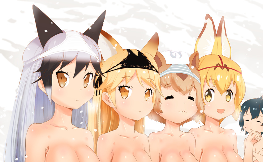 :3 =_= animal_ears black_hair breast_envy breasts brown_hair capybara_(kemono_friends) capybara_ears closed_eyes commentary covering covering_breasts crotchless_panties ezo_red_fox_(kemono_friends) fox_ears japari_symbol kaban_(kemono_friends) kemono_friends large_breasts long_hair multicolored_hair multiple_girls mushi_gyouza object_on_head odd_one_out panties panties_on_head red_panties serval_(kemono_friends) serval_ears short_hair silver_fox_(kemono_friends) silver_hair striped striped_panties thong towel towel_on_head underwear white_panties yellow_eyes